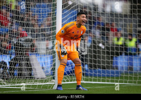 Cardiff, Royaume-Uni. 10 Nov, 2018. Neil Etheridge, le gardien de la ville de Cardiff en action. Premier League match, Cardiff City v Brighton & Hove Albion au Cardiff City Stadium le samedi 10 novembre 2018. Cette image ne peut être utilisé qu'à des fins rédactionnelles. Usage éditorial uniquement, licence requise pour un usage commercial. Aucune utilisation de pari, de jeux ou d'un seul club/ligue/dvd publications. Photos par Andrew Andrew/Verger Verger la photographie de sport/Alamy live news Crédit : Andrew Orchard la photographie de sport/Alamy Live News Banque D'Images