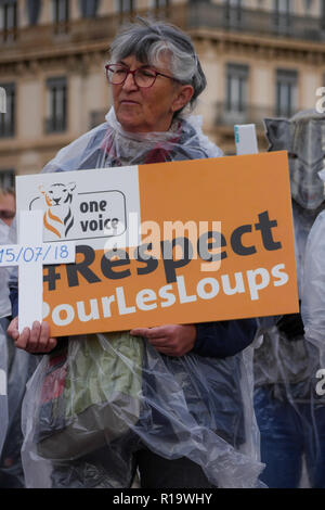 Lyon, France, 10 Novembre 2018 : réponse à "La voix des loups' - en Français : La voix des Loups - l'appel, plusieurs centaines de défenseurs des droits des animaux se sont réunis dans le centre de Lyon (Centre-est de la France) le 10 novembre 2018 pour assister à un rassemblement pour protester contre la chasse aux loups. Comme 47 loups ont été tourné en France au cours de l'année 2018, 47 militants portant des costumes et des masques de loup blanc s'élevait à la place Bellecour, tenant une croix la lecture de la date d'un loup mort, avant de prendre part à une marche à travers la ville. Crédit photo : Serge Mouraret/Alamy Live News Banque D'Images