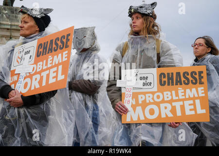 Lyon, France, 10 Novembre 2018 : réponse à "La voix des loups' - en Français : La voix des Loups - l'appel, plusieurs centaines de défenseurs des droits des animaux se sont réunis dans le centre de Lyon (Centre-est de la France) le 10 novembre 2018 pour assister à un rassemblement pour protester contre la chasse aux loups. Comme 47 loups ont été tourné en France au cours de l'année 2018, 47 militants portant des costumes et des masques de loup blanc s'élevait à la place Bellecour, tenant une croix la lecture de la date d'un loup mort, avant de prendre part à une marche à travers la ville. Crédit photo : Serge Mouraret/Alamy Live News Banque D'Images