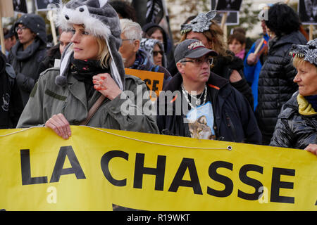 Lyon, France, 10 Novembre 2018 : réponse à "La voix des loups' - en Français : La voix des Loups - l'appel, plusieurs centaines de défenseurs des droits des animaux se sont réunis dans le centre de Lyon (Centre-est de la France) le 10 novembre 2018 pour assister à un rassemblement pour protester contre la chasse aux loups. Comme 47 loups ont été tourné en France au cours de l'année 2018, 47 militants portant des costumes et des masques de loup blanc s'élevait à la place Bellecour, tenant une croix la lecture de la date d'un loup mort, avant de prendre part à une marche à travers la ville. Crédit photo : Serge Mouraret/Alamy Live News Banque D'Images