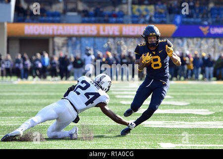 Morgantown, West Virginia, USA. 10 Nov, 2018. La West Virginia Mountaineers wide receiver MARCUS SIMMS (8) évite la TCU Horned Frogs JULIUS évoluait LEWIS (24) dans le champ ouvrir pendant le Big 12 match de football joué à Mountaineer Field de Morgantown, WV. # 9 WVU beat TCU 47-10, Photo : Ken Inness/ZUMA/Alamy Fil Live News Banque D'Images