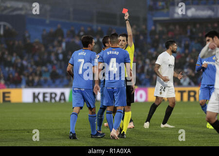 Getafe, Madrid, Espagne. 10 Nov, 2018. Getafe CF's Bruno Gonzalez abattus au cours de la Liga match entre Getafe et Valence CF au Coliseum Alfonso Perez de Getafe, Espagne. Legan Crédit : P. Mace/SOPA Images/ZUMA/Alamy Fil Live News Banque D'Images