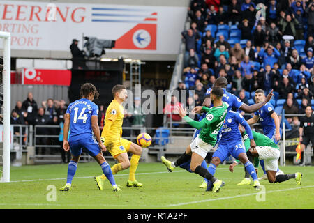 Cardiff, Wales, UK. 10 Nov, 2018. Sol Bamba de Cardiff City marque son 2e but des équipes pour le rendre 2-1. Premier League match, Cardiff City v Brighton & Hove Albion au Cardiff City Stadium le samedi 10 novembre 2018. Cette image ne peut être utilisé qu'à des fins rédactionnelles. Usage éditorial uniquement, licence requise pour un usage commercial. Aucune utilisation de pari, de jeux ou d'un seul club/ligue/dvd publications. Photos par Andrew Andrew/Verger Verger la photographie de sport/Alamy live news Banque D'Images