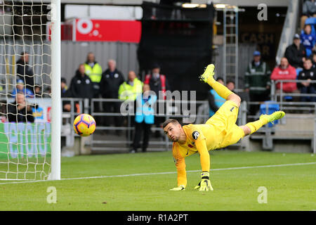 Cardiff, Wales, UK. 10 Nov, 2018. Mathew Ryan, le gardien de but de Brighton & Hove Albion observe alors que la balle passe devant lui. Premier League match, Cardiff City v Brighton & Hove Albion au Cardiff City Stadium le samedi 10 novembre 2018. Cette image ne peut être utilisé qu'à des fins rédactionnelles. Usage éditorial uniquement, licence requise pour un usage commercial. Aucune utilisation de pari, de jeux ou d'un seul club/ligue/dvd publications. Photos par Andrew Andrew/Verger Verger la photographie de sport/Alamy live news Banque D'Images