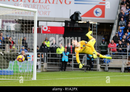 Cardiff, Wales, UK. 10 Nov, 2018. Mathew Ryan, le gardien de but de Brighton & Hove Albion observe alors que la balle passe devant lui. Premier League match, Cardiff City v Brighton & Hove Albion au Cardiff City Stadium le samedi 10 novembre 2018. Cette image ne peut être utilisé qu'à des fins rédactionnelles. Usage éditorial uniquement, licence requise pour un usage commercial. Aucune utilisation de pari, de jeux ou d'un seul club/ligue/dvd publications. Photos par Andrew Andrew/Verger Verger la photographie de sport/Alamy live news Banque D'Images