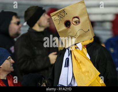 Piscataway, New Jersey, USA. 10 novembre 2018 : un ventilateur Rutgers fasse une déclaration au cours d'un match de football de la NCAA entre le Michigan et le carcajou le Rutgers Scarlet Knights à HighPoint.com Stadium à Piscataway, New Jersey. Mike Langish/Cal Sport Media. Credit : Cal Sport Media/Alamy Live News Banque D'Images