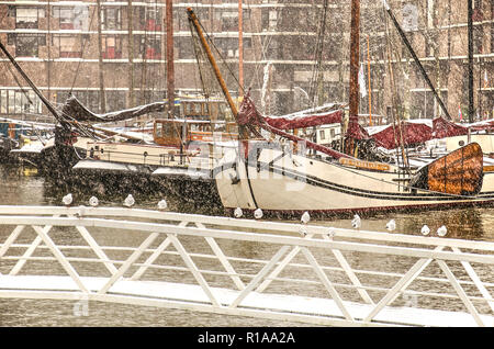 Rotterdam, Pays-Bas, le 11 décembre 2017 : Groupe de seagull sur un pont en fer blanc dans le port, avec musée Leuvehaven barges historique et resi Banque D'Images