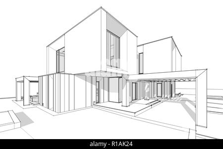 Le rendu 3D croquis de maison confortable moderne par la rivière avec garage à vendre ou à louer. Croquis d'une ligne noire douce lumière ombres sur fond blanc. Banque D'Images