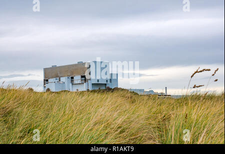 Nucléaire de Torness vu à travers l'herbe haute et les dunes, East Lothian, Scotland, UK Banque D'Images