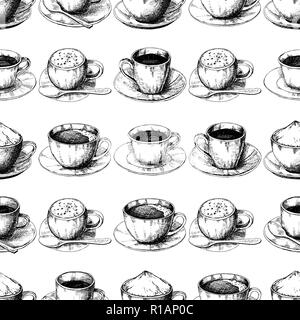 Tasse de café différents croquis sur une soucoupe. Modèle sans couture. illustration d'un croquis de style. Banque D'Images