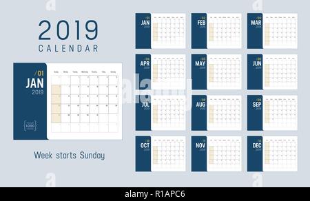 Année 2019, calendrier semaines commencer dimanche - Vector modèle. Illustration de Vecteur