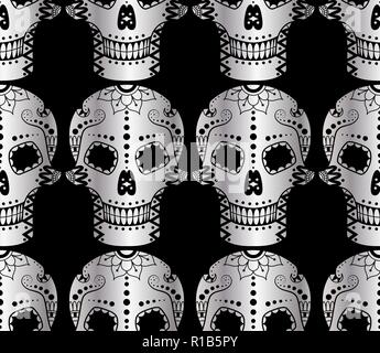 Modèle transparent vecteur metal crâne en sucre avec doodle éléments floraux sur fond noir. Arrière-plan pour le Jour des Morts Mexicain Illustration de Vecteur