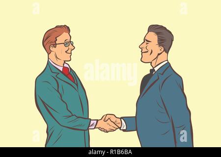 Deux businessmen shaking hands. poignée de main. Comic cartoon retro pop art dessin illustration vectorielle Illustration de Vecteur