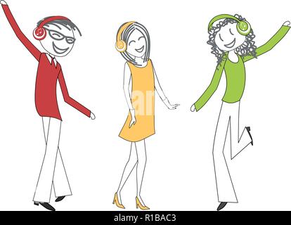 Hommes et femmes dansent tout en écoutant de la musique dans les écouteurs Illustration de Vecteur