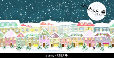 Paysage de la ville d'hiver, sans couture. Père Noël sur son traîneau sur l'arrière-plan de la lune. Rue de la ville en hiver. Les maisons sont couvertes de neige. Sn Illustration de Vecteur