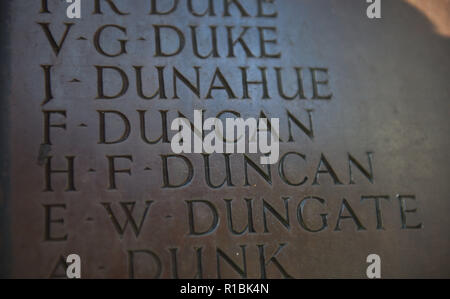 Brighton UK 11 novembre 2018 - Les noms des frères Duncan de Brighton qui sont morts dans la Première Guerre mondiale à l'acte de commémoration publique tenue à Brighton War Memorial . Il est aujourd'hui les 100 ans de la fin de la Première Guerre mondiale le 11 novembre 1918 . Photographie prise par Simon Dack Crédit : Simon Dack/Alamy Live News Banque D'Images