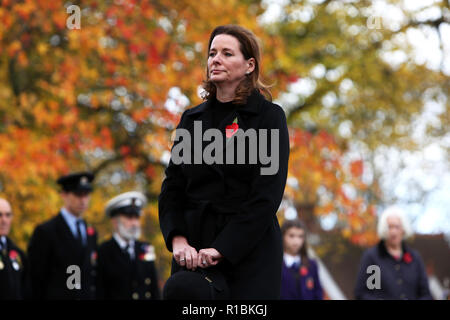 Souvenir de Chichester, West Sussex, UK. Gillian Keegan, député fédéral de la circonscription de Chichester sur la photo parmi les autres personnalités à Litten Gardens, St Pancras Road, Chichester pour le Service du souvenir. 11 novembre 2018. Le Conseil municipal a commandé une sculpture spéciale qui sera situé dans un jardin nouvellement conçu de réflexion et de réconciliation situé sur le côté nord de Litten Jardins. Dans le parc adjacent, la route de l'Artillerie de garnison des bénévoles seront Manning a World War One 18 pdr gun à New Park Road et le tir d'un déluge de dix tours dans les moments précédant immédiatement la Banque D'Images