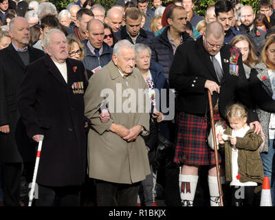 Lisvane, Cardiff, Pays de Galles, Royaume-Uni. 11Th Nov, 2018. Le petit village de Lisvane maintenant à la périphérie de Cardiff a perdu 5 hommes (Edgar a Charles Drury d. 1 avril 1916 Thomas David Evans, d. 5 août 1917 Frederick William Robertson Turner, d. 5 août 1916 Charles Joseph Wilkie, d .19 octobre 1916 Arthur Llewellyn Williams, d. 4 novembre 1918 de 20). Aujourd'hui marque le 100e anniversaire de l'armistice signé par les parties et des centaines se sont réunis au monument de la guerre comme dans les villages, villes et citiesthe monde entier, pour rendre hommage à ceux qui ont donné leurs lendemains pour notre aujourd'hui. Crédit : IAN Banque D'Images