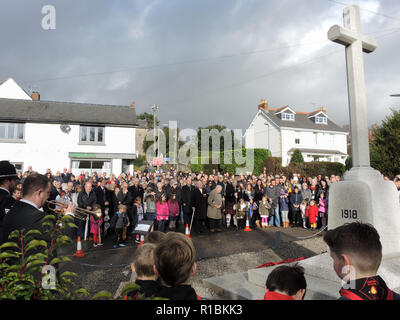 Lisvane, Cardiff, Pays de Galles, Royaume-Uni. 11Th Nov, 2018. Le petit village de Lisvane maintenant à la périphérie de Cardiff a perdu 5 hommes (Edgar a Charles Drury d. 1 avril 1916 Thomas David Evans, d. 5 août 1917 Frederick William Robertson Turner, d. 5 août 1916 Charles Joseph Wilkie, d .19 octobre 1916 Arthur Llewellyn Williams, d. 4 novembre 1918 de 20). Aujourd'hui marque le 100e anniversaire de l'armistice signé par les parties et des centaines se sont réunis au monument de la guerre comme dans les villages, villes et citiesthe monde entier, pour rendre hommage à ceux qui ont donné leurs lendemains pour notre aujourd'hui. Crédit : IAN Banque D'Images