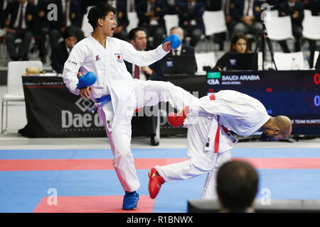 Madrid, Espagne. Nov 9, 2018. Yuta Mori (JPN) Karate : Mori lutte à l'équipe de la Turquie au cours de l'équipe joueur kumite homme 3ème tour dans le '24 WKF Championnats du Monde de Karaté 2018 à Madrid, le WiZink au centre de Madrid, Espagne . Credit : Mutsu Kawamori/AFLO/Alamy Live News Banque D'Images