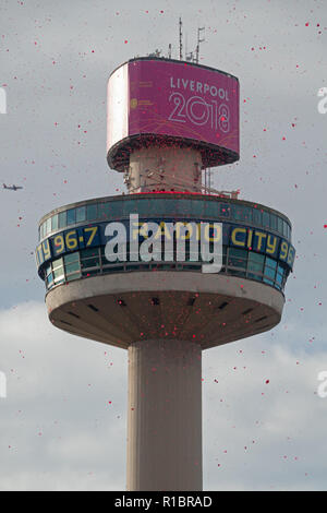 Liverpool, Royaume-Uni. 11 novembre 2018. Des milliers de coquelicots sont libérées de la Radio City Tower (St Johns Beacon) à 11 h au Service annuel de commémoration et de dévouement à St Georges Hall Liverpool le dimanche 11 novembre 2018. Credit : Ken Biggs/Alamy Live News. Banque D'Images