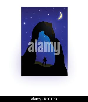 Delicate Arch, Croissant de lune, étoile et randonneur dans une soirée- Moody, l'expression artistique Illustration de Vecteur