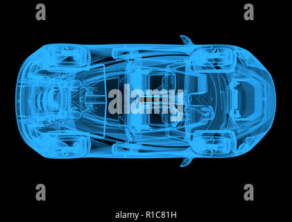 Vue de dessus d'un wireframe voiture bleue sur fond noir. 3d illustration Banque D'Images