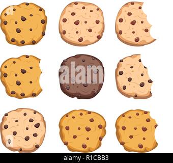 Vector set of chocolate chip cookies isolé sur fond blanc. des biscuits cookies au chocolat mordu Illustration de Vecteur