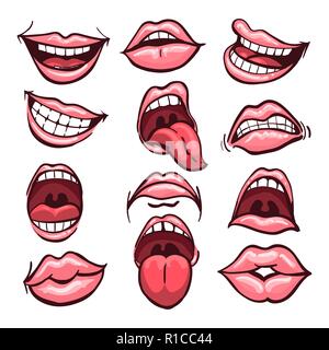 Ensemble de cartoon bouche isolé sur un fond blanc. Variété d'émotions et d'expressions faciales. Vector illustration. Illustration de Vecteur