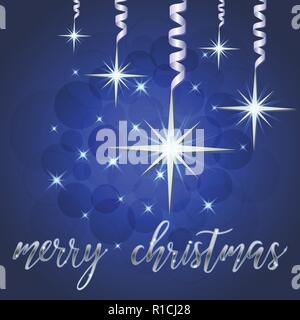 Vector illustration brillante des étoiles et des étoiles sur fond bleu, avec des décorations de Noël, boules, lettrage main joyeux noël, fond pour wi Illustration de Vecteur