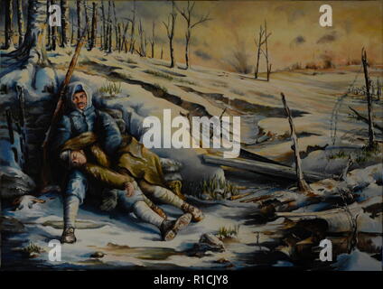 AJAXNETPHOTO. La Somme, France. - Peinture à l'huile originale intitulée "LA SOMME" PAR CAROLINE BEAUMONT ILLUSTRANT LA FIN D'UNE JOURNÉE SUR LE CHAMP DE BATAILLE DANS LE NORD DE LA FRANCE ENTRE 1916 ET 1918. ILLUSTRATION ©:ART ORIGINALE PAR CAROLINE BEAUMONT REF:D2X171804 6347 2 Banque D'Images