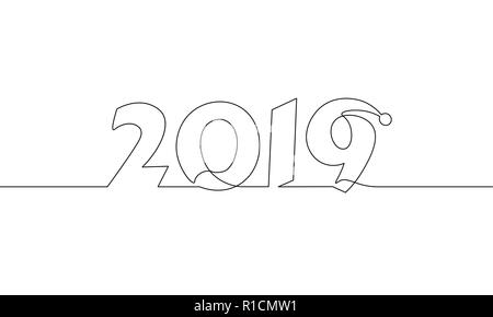 2019 Nouvelle année seule ligne art. Holiday Greeting card titre date décoration lettrage numéros un croquis concept design silhouette silhouette white vector illustration Illustration de Vecteur