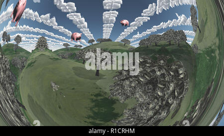 Composition symbolique. Arbres de monnaie. Les porcs rose vole dans les nuages symbole du dollar. Banque D'Images