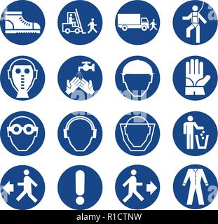 Ensemble de signes de l'équipement de sécurité. Construction et de l'industrie signe obligatoire. Collecte de l'équipement de sécurité et de protection de la santé. Sur la protection du travail. Ve Illustration de Vecteur