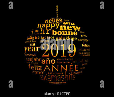 Nouvel an 2019 nuage de mots de texte multilingue dans la forme d'une boule de noël Banque D'Images