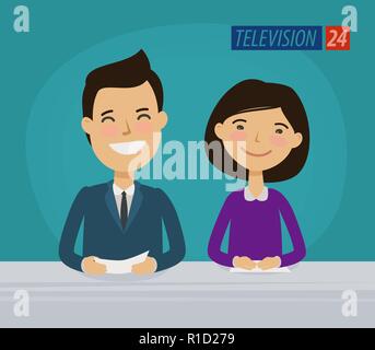 Tv, télévision concept. News annonceur dans le studio. Cartoon vector illustration Illustration de Vecteur