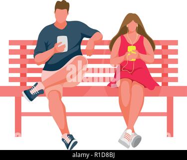 L'homme et la jeune fille assise sur un banc. Guy utilise un téléphone mobile. Femme à l'écoute de la musique. Vector Illustration Illustration de Vecteur