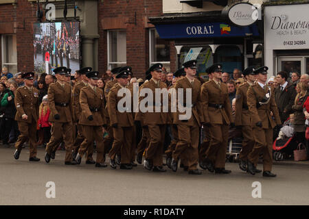 Hereford, Herefordshire, Angleterre. 11Th Nov, 2018. Vu les forces armées participant à la commémoration annuelle sur le Centenaire de la procession de l'Armistice à Londres pour rendre hommage à ceux qui ont souffert ou sont morts pendant la guerre.Des centaines de personnes rassemblées à l'occasion du centenaire de l'Armistice, qui a vu 3 123 membres des forces armées ont perdu la vie. L'armistice mettant fin à la Première Guerre mondiale entre les alliés et l'Allemagne a été signé à Compiègne, France à la onzième heure du onzième jour du onzième mois - 11h00 le 11 novembre 1918. (Crédit Image : © Jim Wo Banque D'Images