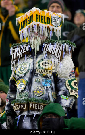 Green Bay, WI, USA. 11Th Nov, 2018. Un ventilateur de Green Bay ressemble au cours de la NFL football match entre les dauphins de Miami et les Packers de Green Bay à Lambeau Field de Green Bay, WI. Packers défait les dauphins 31-12. John Fisher/CSM/Alamy Live News Banque D'Images