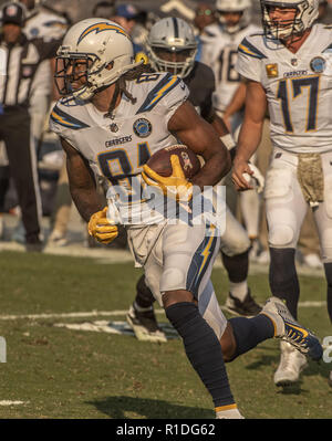 Oakland, Californie, USA. 11Th Nov, 2018. Los Angeles Chargers receveur Mike Williams le dimanche, Novembre 11, 2018, au Oakland-Alameda County Coliseum, Oakland, Californie. Les chargeurs a défait les Raiders 20-6. Crédit : Al Golub/ZUMA/Alamy Fil Live News Banque D'Images