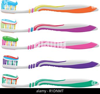 Vector set de brosses à dents colorées isolé sur fond blanc. brosse à dents avec du dentifrice. Les soins d'hygiène dentaire brosse à dents en plastique. symbole de clea Illustration de Vecteur