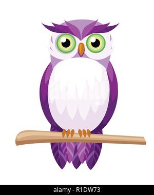 Purple Cute owl assis sur branche. Hibou avec les yeux verts. Cartoon character design. Télévision vector illustration isolé sur fond blanc. Illustration de Vecteur