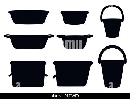 Silhouette noire. Collection de récipients de l'eau. Des seaux d'eau et des bassins. produits en plastique du marché de masse. Télévision vector illustration isolated on white b Illustration de Vecteur