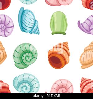 Modèle sans couture. Haut de coquilles d'escargots. Différentes formes et couleurs. Des découvertes archéologiques. Télévision vector illustration sur fond blanc. Illustration de Vecteur