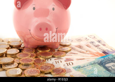 Pink Piggy Bank on beaucoup de notes et pièces livre livre Banque D'Images