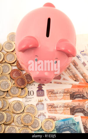 Pink Piggy Bank on beaucoup de notes et pièces livre livre Banque D'Images