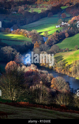 Wye Valley en automne près de Builth Wells avec la lumière de fin d'après-midi, Pays de Galles, Royaume-Uni Banque D'Images