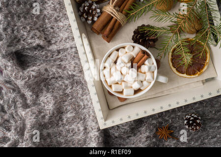 Guimauve chocolat chaud avec des bâtons de cannelle, d'anis, écrous sur plateau en bois, concept de Noël. Banque D'Images