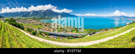 Vue panoramique de la ville de Montreux avec des Alpes suisses, le lac Léman et le vignoble de Lavaux, région, Canton de Vaud, Suisse, Europe. Banque D'Images