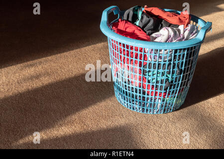 Les vêtements fraîchement lavés à l'intérieur d'un panier de vêtements en plastique bleu debout dans la lumière du soleil sur un tapis marron Banque D'Images